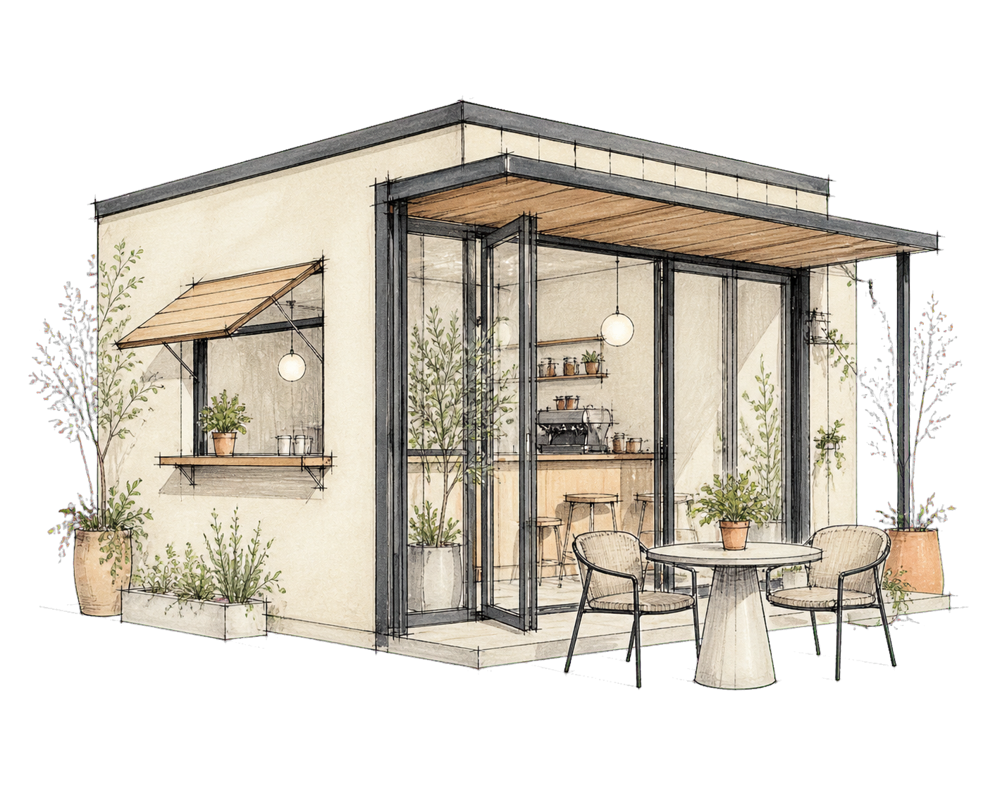 A contemporary neighbourhood café sketched from a street-corner angle