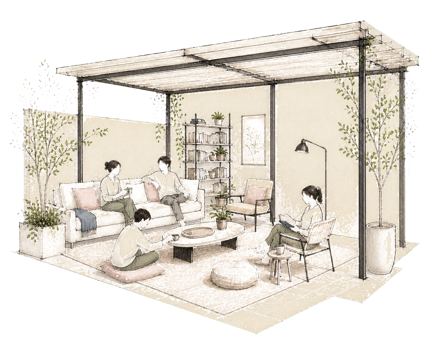 A modern shared homestay living room with people reading, talking, and relaxing together